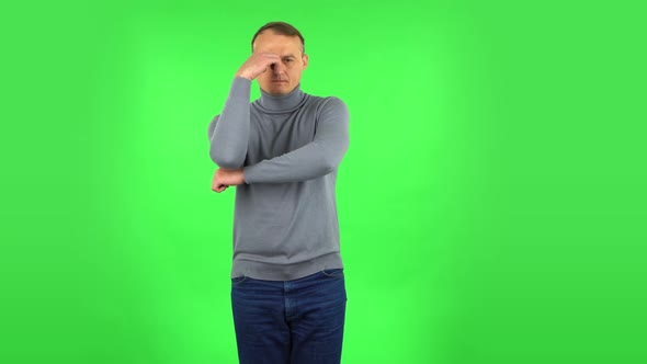 Male Focused Thinking About Something, No Idea. Green Screen