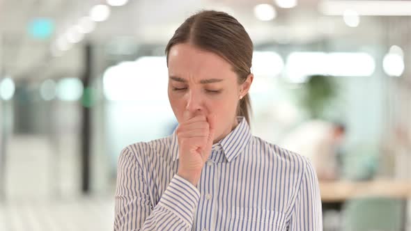 Portrait of Allergic Young Woman Coughing, Throat Pain