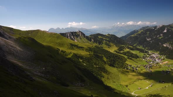 Panorama wide angle view of Malbun Valley in the Principality of Liechtenstein. Alpstein range in th