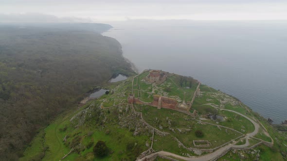 Aerial footage of the medieval castle ruin of Hammershus in Denmark, drone stock footage