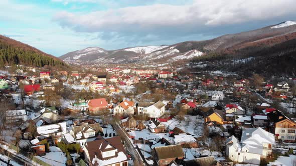 Aerial View of a Village in the Carpathian Mountains in Winter. Yaremche, Ukraine.