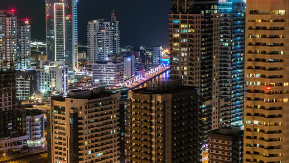 Aerial Top View at Night Timelapse of Dubai Marina in Dubai UAE