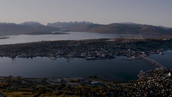 Scenic View Of Tromso From Fjellheisen In Autumn - Tromso Bridge Across Tromsoysundet Strait In Trom