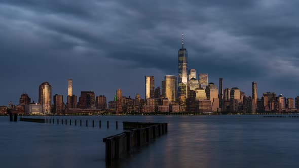 Day to Night Timelapse Captured Scattered Showers and Thunderstorms Moving Over Lower Manhattan Skyl