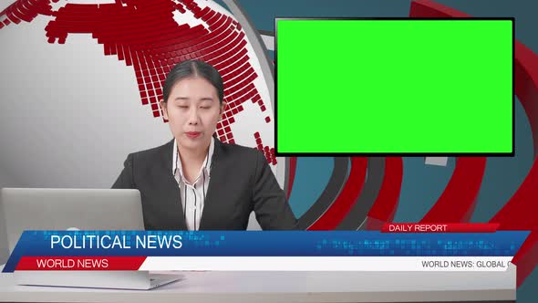 Live News Studio With Asian Female Anchor, Computer, And Green Screen Television Reporting