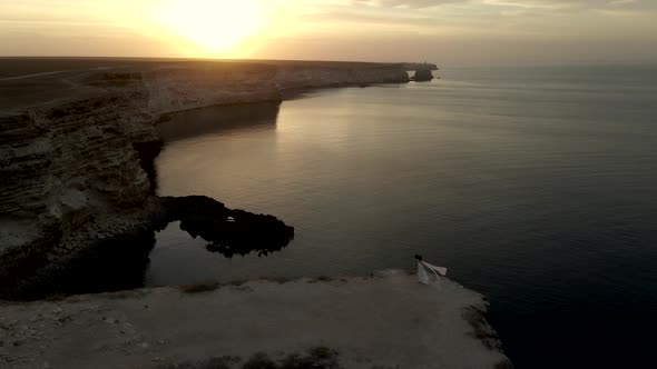 Bride After Wedding in Honeymoon Ocean Drone View