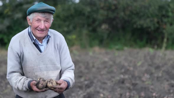 Old Farmer Holding Potatoes in His Hands