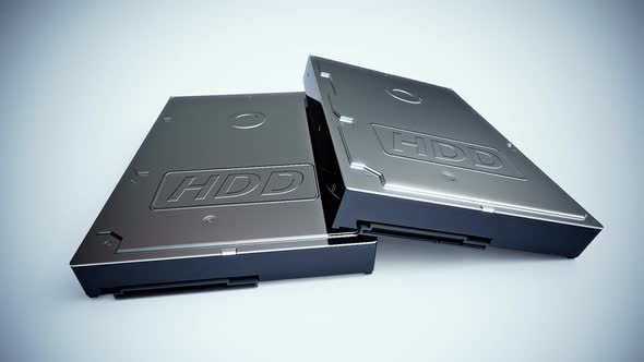 Computer electronic hardware technology. Two metallic hard disk drives. HDD