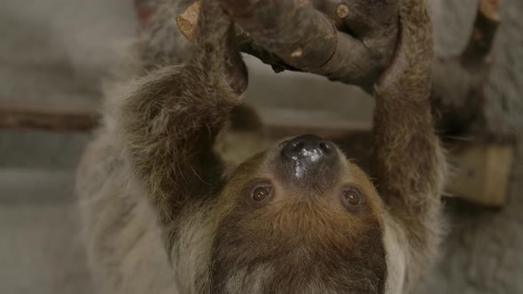 A two toed sloth hanging in a tree close to the camera slow motion cinematic