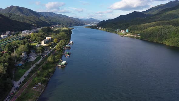 4K Aerial Drone Footage View of Jet skiing in Han River