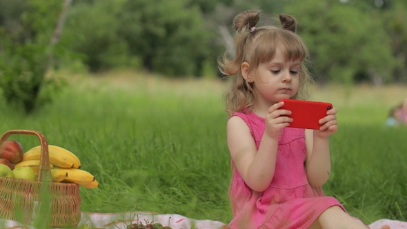 Weekend at Picnic. Girl on Grass Meadow Play Online Games on Mobile Phone. Social Network, Chatting