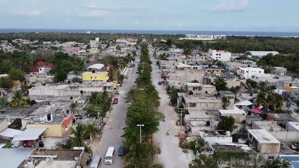 Aerial shot of houses and street view of Akumal Mexico.