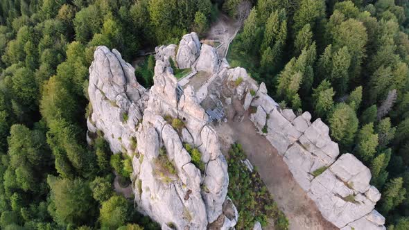 Aerial Drone Footage Flying Near Rocks of Famous Tustan Fortress
