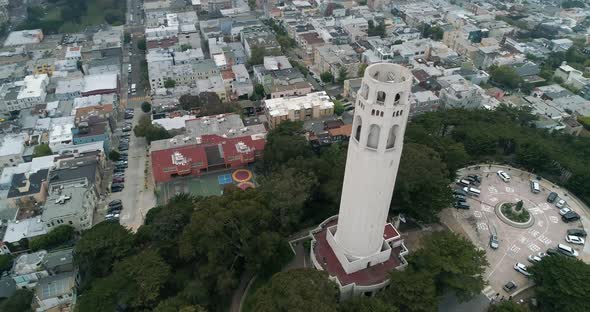 Aerial view San Francisco California USA Coit Tower Telegraph Hill on a cloudy day