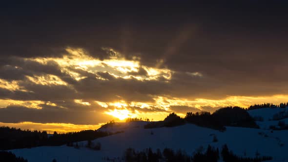 Golden Sunset with Sun Dusk in Cold Winter Nature Landscape