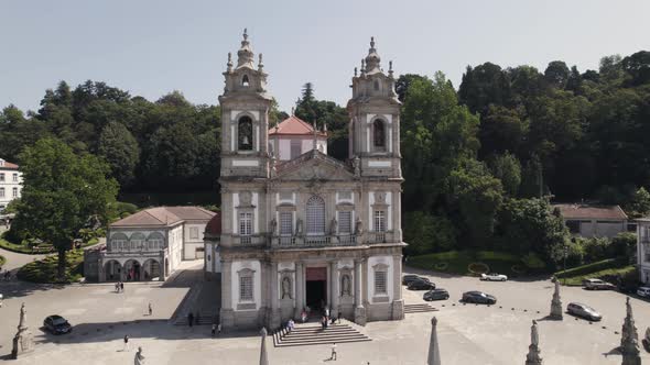 Aerial orbiting view over Bom Jesus de Braga Church, Portuguese pilgrimage site