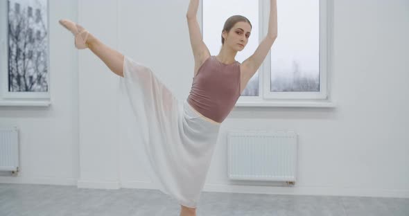 Ballerina Is at the Ballet School Rehearsal Choreographer Rehearses in the White Dance Hall Graceful