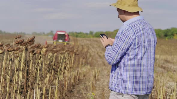 Handsome Farmer with Smartphone Standing in Field Sunflower with Combine Harvester in Background