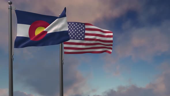 Colorado State Flag Waving Along With The National Flag Of The USA - 4K