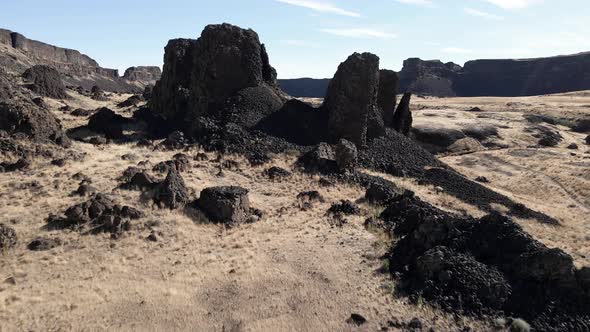 Passing through basalt columns and revealing the picturesque canyon, Dry Falls State Park, aerial