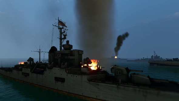 Burning American Warship