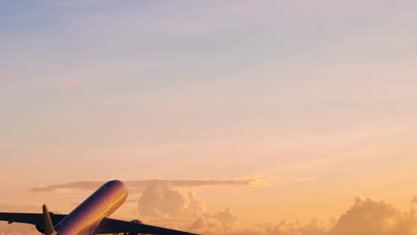 Airplane takeoff at sunrise