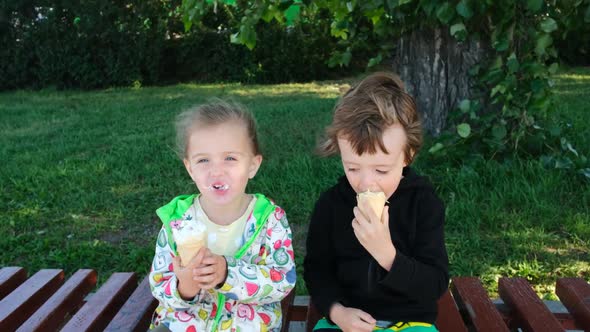 Little Children Eat Ice Cream on Bench in Green Park