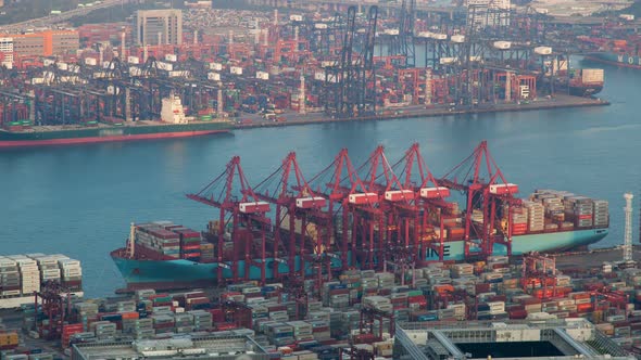 Hong Kong Port Terminal Sunset Time Lapse China. Zoom Out