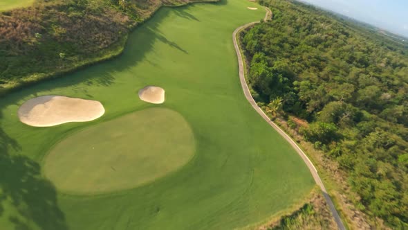 Aerial fpv flight over beautiful landscape and Vistas Golf and Country Club during sunny day