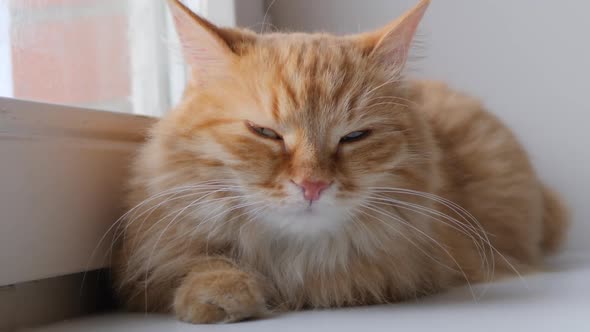 Cute Ginger Cat Lying on Window Sill. Fluffy Pet Sits at Home in Quarantine Without Walking Outside