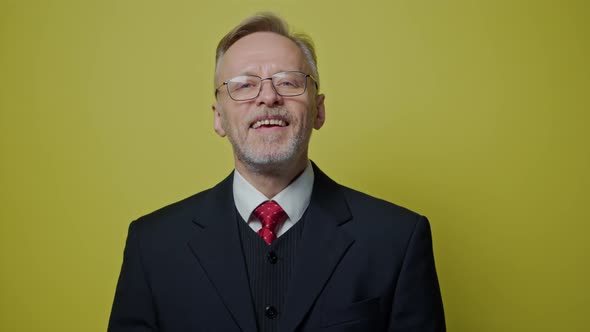 Portrait of smiling businessman on yellow background. Mature man in costume