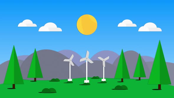 Landscape with turning wind turbines in countryside alt