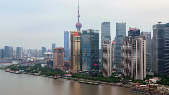 Shanghai River Cityscape Pan Up