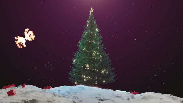 Single Christmas Tree New Year Fireworks Background Red