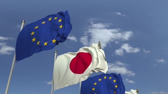 Many Flags of Japan and the European Union EU, Loopable 3D Animation