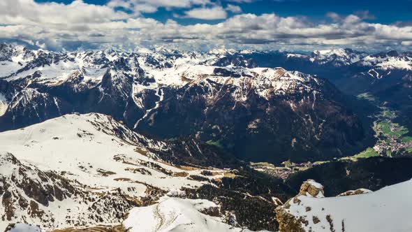 View of the valley from the top of Sass Pordoi peak, Dolomites, 4k timelapse