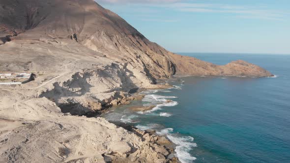 Porto dos Frades on Porto Santo island, Madeira. Aerial forward