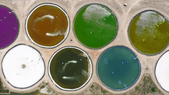 Aerial View of the Aeration Stations Colorful Tanks Process of the Sewage Water