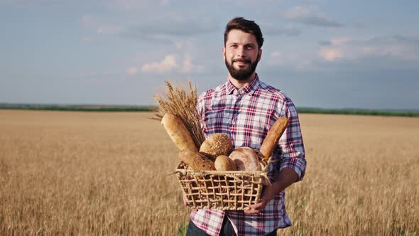 Large Young Wheat Field Smiling Large Man Farmer