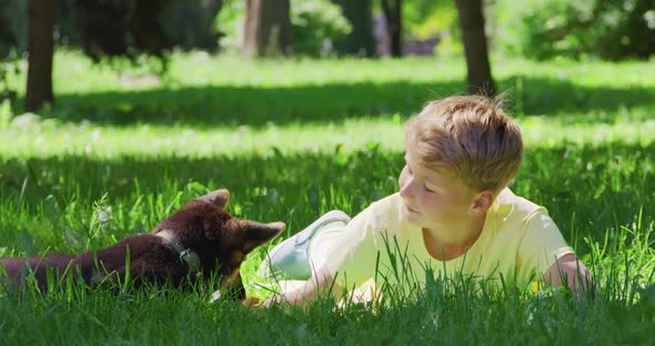 Pretty Boy and Playful Puppy Relaxing Together on Grass