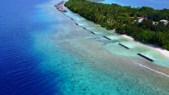 Drone panorama of exotic lagoon beach by ocean with sand background