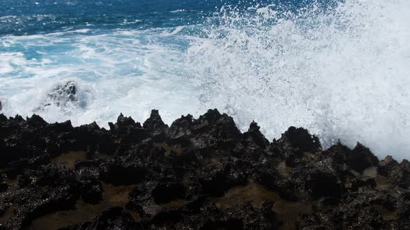 Waves Breaking Over Dangerous Rocks Sea Storm Concept Sunny Daytime Seascape Devastating and