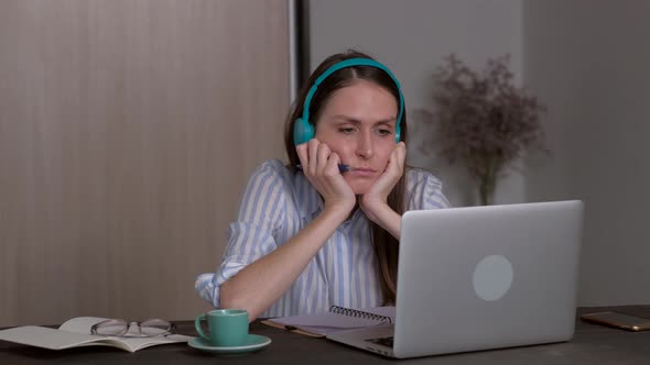 Young Female Student Headphones Studying Home Online Education