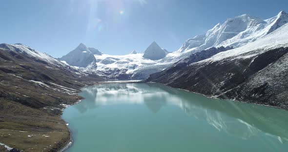 Drone flying over high altitude lagoon in Tibet,China.Aerial view drone footage