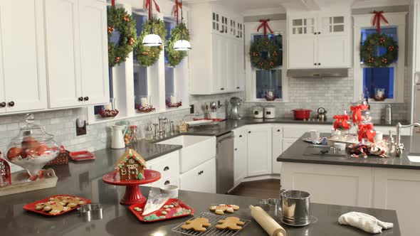 Interior shot of kitchen decorated for Christmas