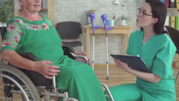 Doctor Checks the Health of an Elderly Woman in a Wheelchair Close Up