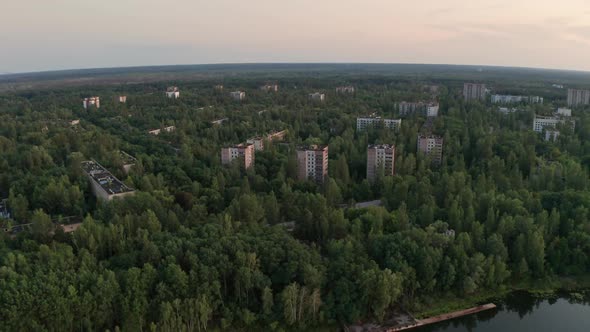 Drone Shot of Pripyat Town Near River