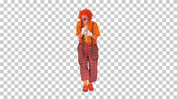 Walking clown playing the trumpet, Alpha Channel