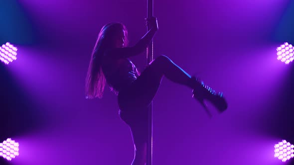 Young Sexy Slender Woman Dancing on a Pole Striptease with a Pylon in a Nightclub