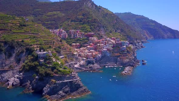 Aerial travel view of Manarola, Cinque Terre, Italy.